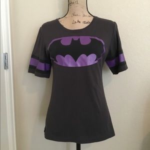 Dark grey and purple Batman shirt.